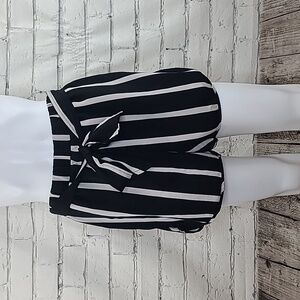 Venus Dressy Flowy High Tie Waist Vertical Striped Flat Front Short Black/White